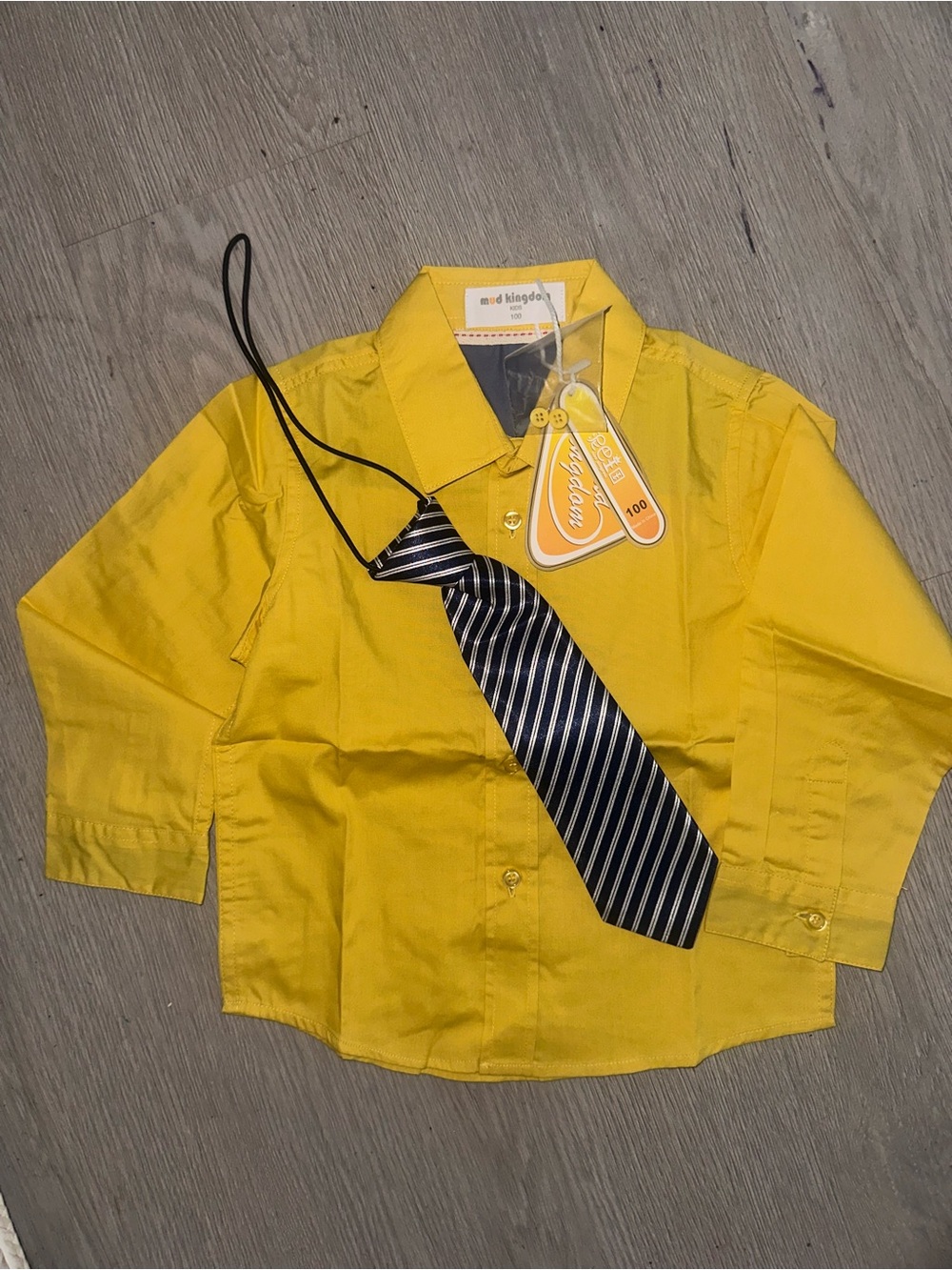 Amazon Kids Yellow Dress Shirt with Navy & White Striped Tie